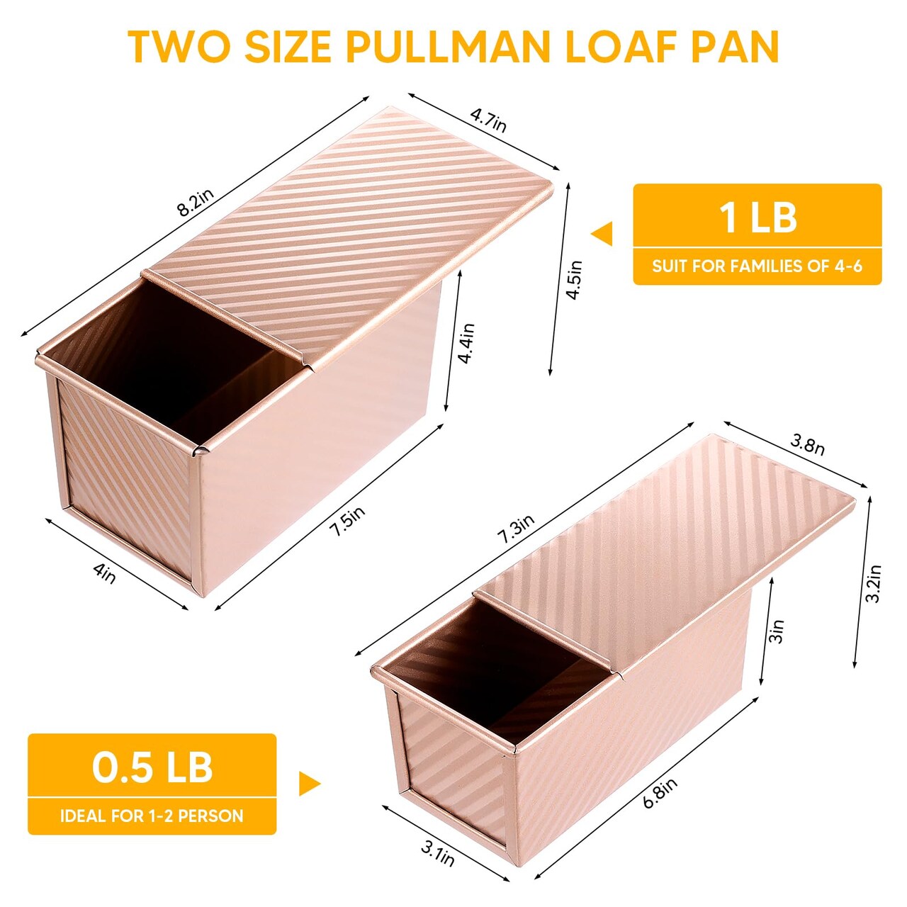 2 Pieces Pullman Loaf Pan with Lid, 1 lb & 0.5 lb Dough Capacity Non-Stick Bakeware for Baking Bread, Carbon Steel Corrugated Bread Toast Box with Cover for Homemade Sandwich Bread, Rose Gold